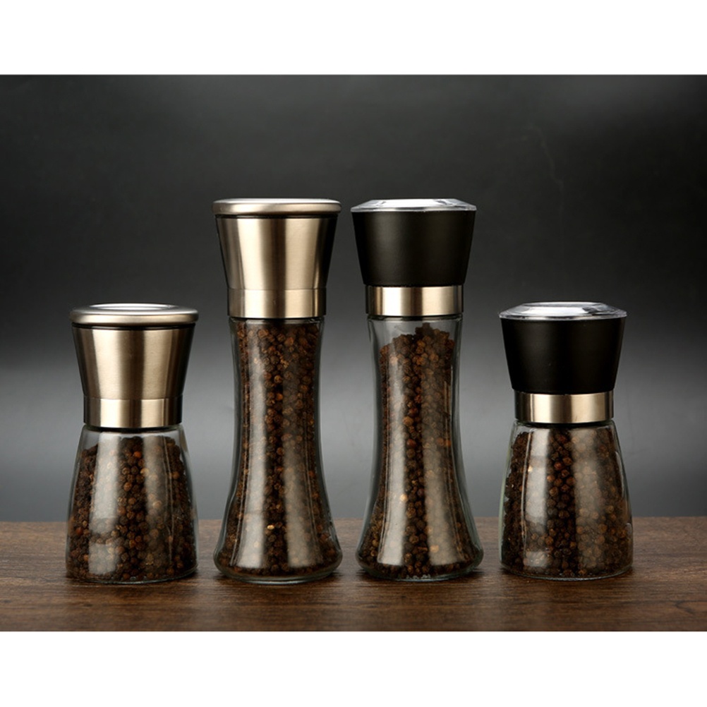2pcs Stainless Steel Pepper Grinder Manual Pepper Mill Glass Bottle Pepper Mill Cruet Cooking Grinding Tool (Black Taper + Slim Waist)