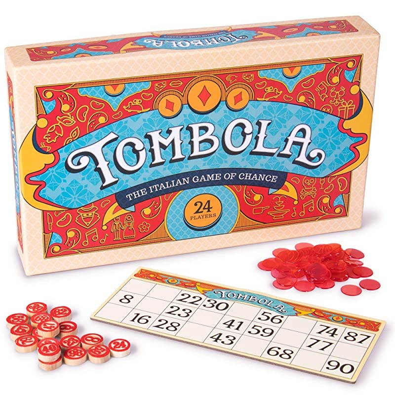 Bingo Board Game | The Italian Game of Chance for Family Friends and Large Parties Up to 24 Players | Includes Calling Board 90 Tombolini Tiles 24 DoubleSided Cards and 360 Chips