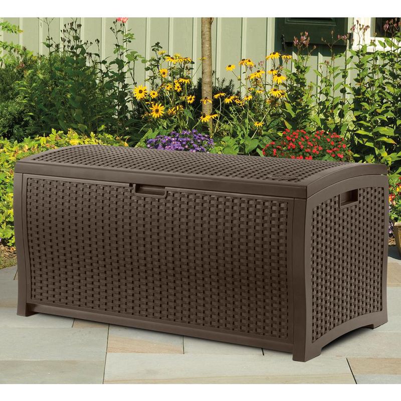 Suncast 33 Gal Hideaway Outdoor Trash Can and 73 Gal Waterproof Outdoor Deck Box