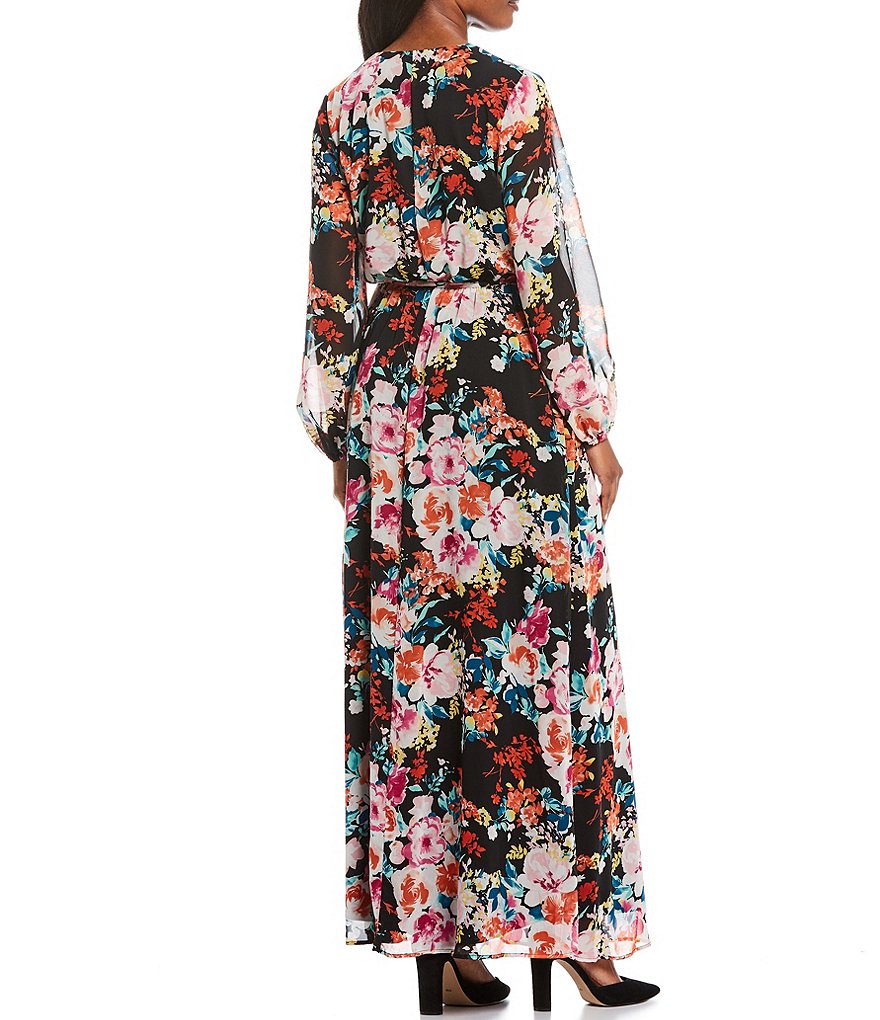 Marina Long Sleeve Floral Faux Wrap Ankle Length Dress