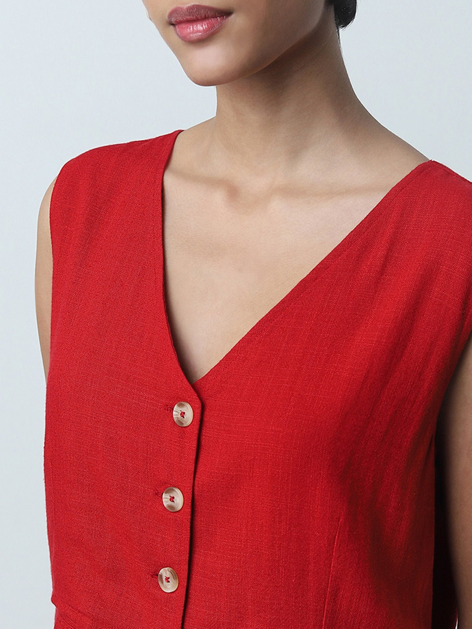 LOV by Westside Red Waistcoat-Style Blended Linen Top