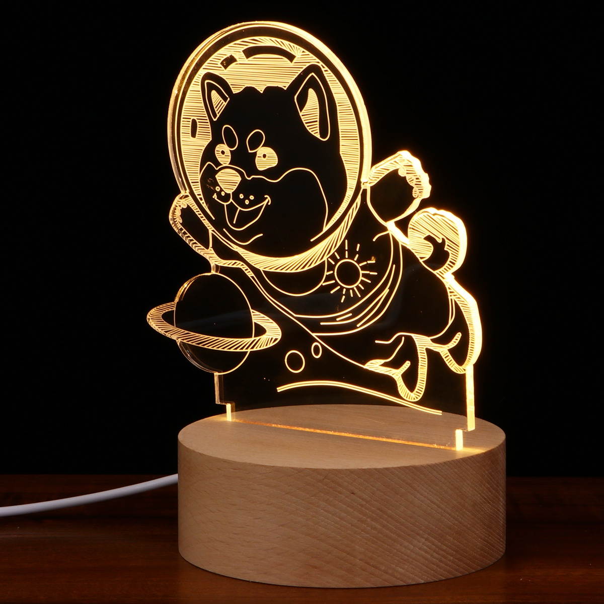 1pc 3D LED Light Lamp Desk Lamp Bedside Lamp Solid Wood Base Cartoon Shape Design for Decor (Button Switch Akita Dog with Bell)