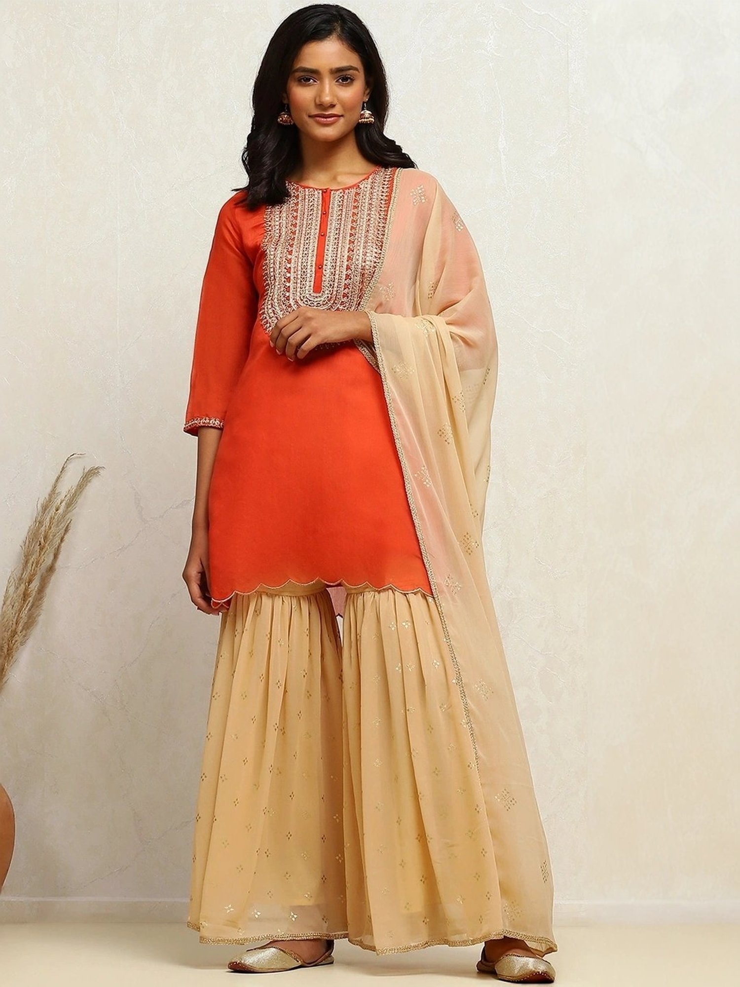 Biba Orange & Beige Embroidered Kurti Sharara Set With Dupatta