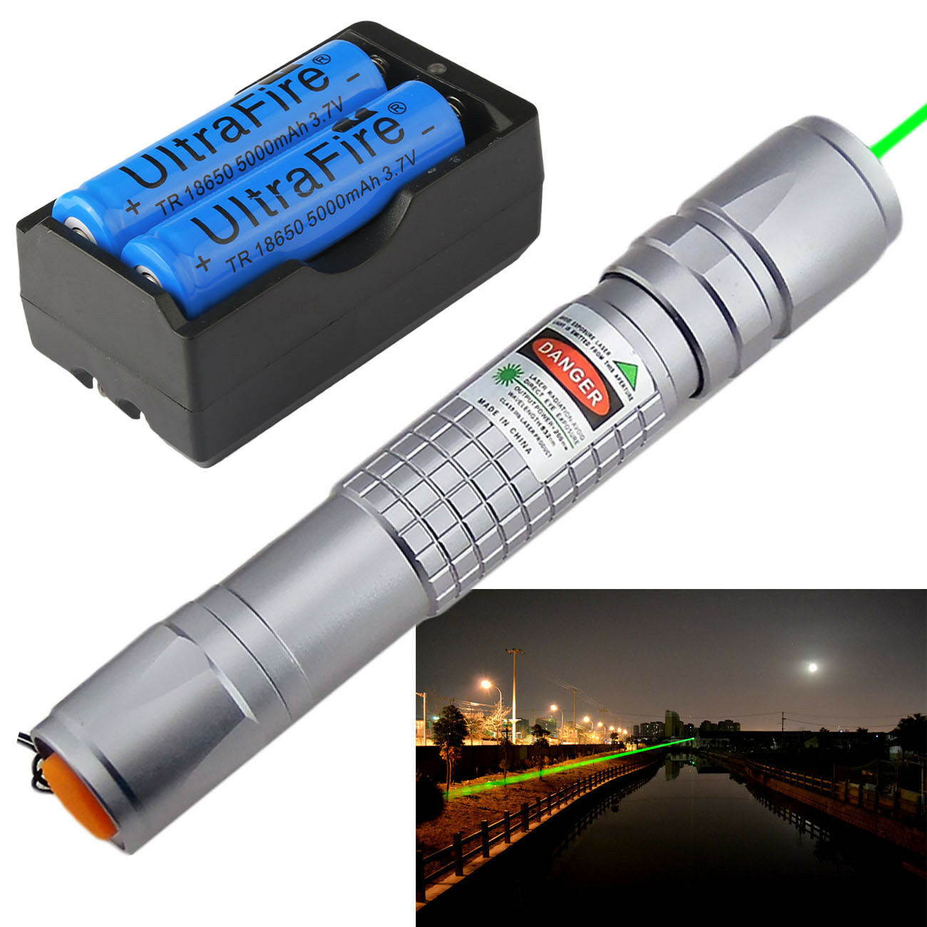 20Miles 1mW 532nm Green Laser Pointer Lazer Pen Beam Light +2*18650*Dual Charger