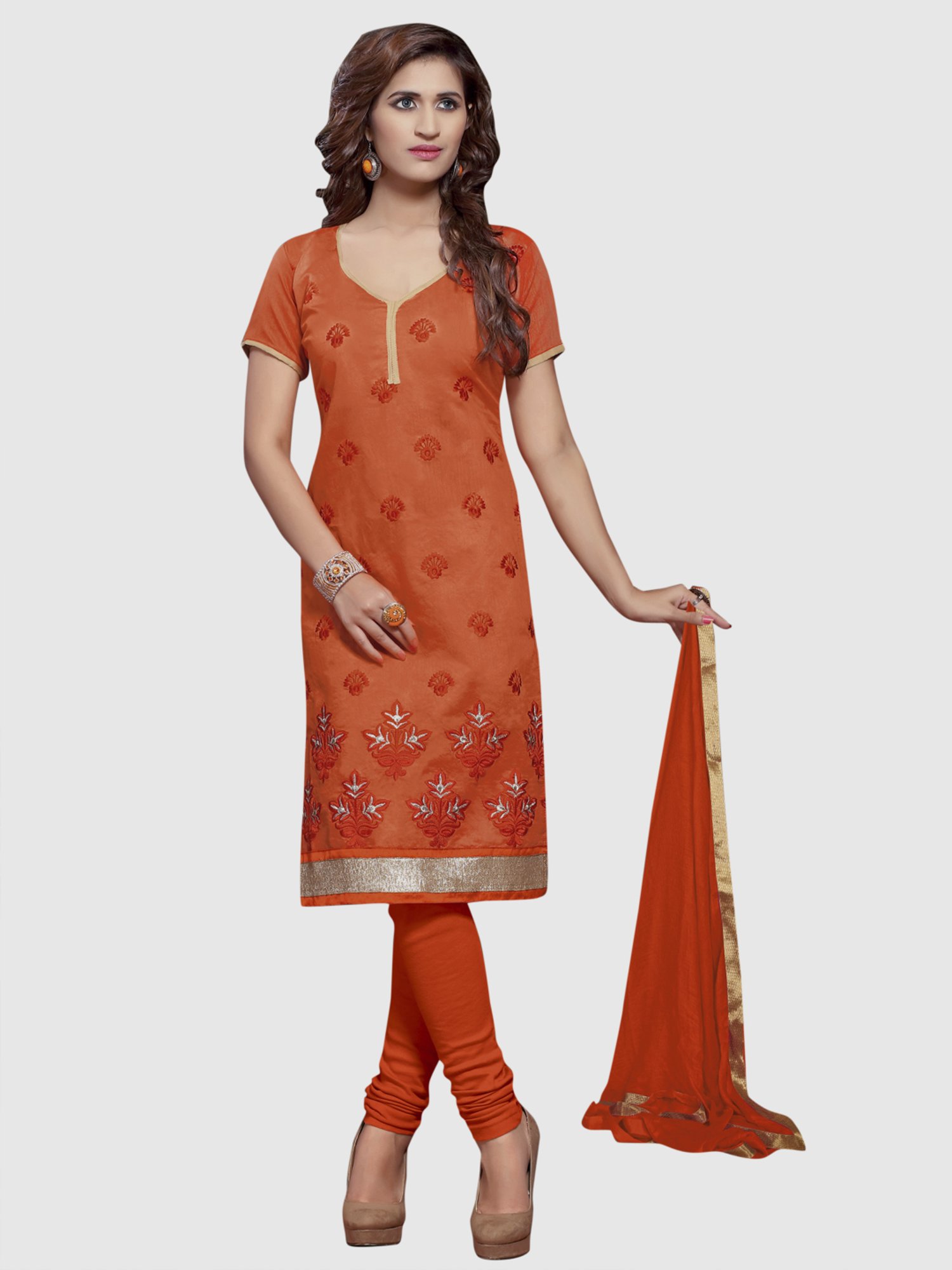 APNISHA Orange Embroidered Unstitched Dress Material