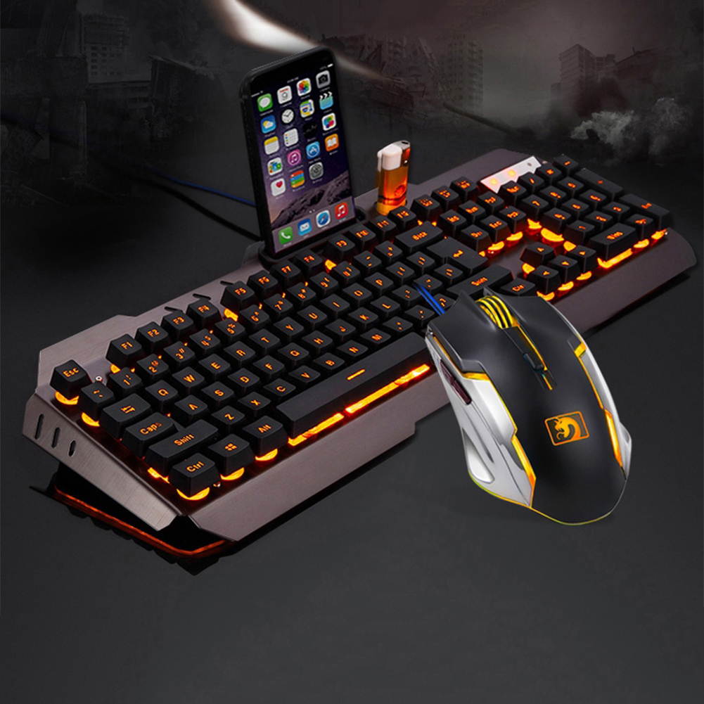 UrChoiceLtd 2017 Technology Orange Yellow LED Backlit Multimedia Ergonomic Usb Gaming Keyboard with a Phone Stand and Lighter Stand + 2000DPI Gaming Mouse + Gaming Mouse Pad For Laptop Computer
