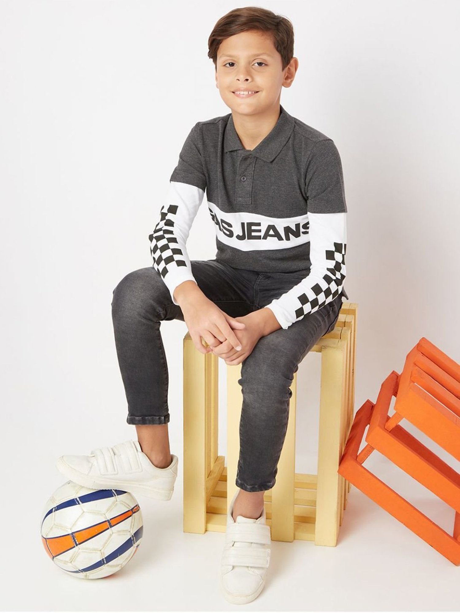 GAS Boys Grey & White Cotton Color Block Full Sleeves Polo T-Shirt