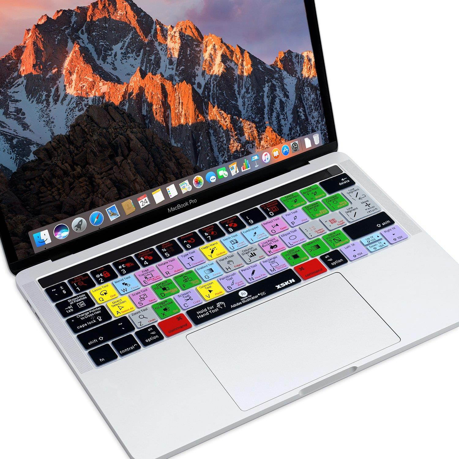 XSKN Adobe Illustrator CC English Shortcut AI Functional Hotkey Design Silicone Keyboard Skin Cover for 2016 Touch Bar MacBook Pro 13 (A1706) & MacBook Pro 15 (A1707), US EU Layout