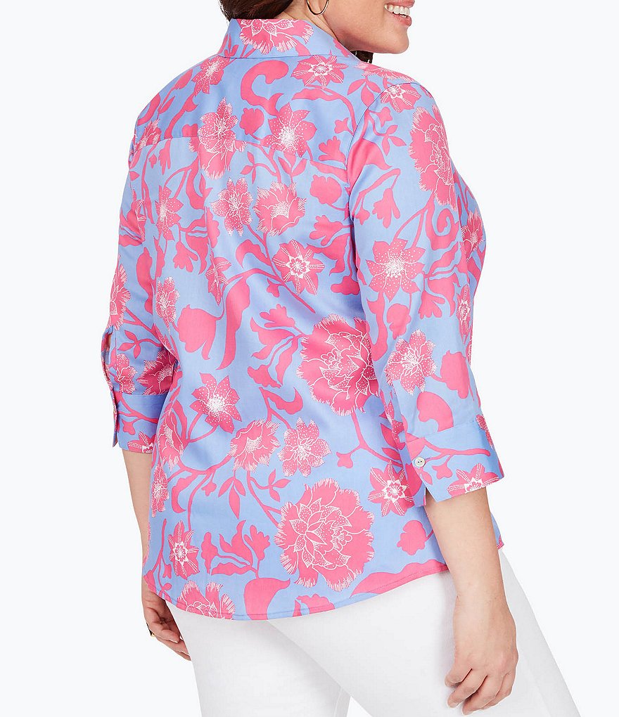 Foxcroft Plus Size Mary Paradise Floral Button Front Point Collar Neck 3/4 Sleeve Shirt