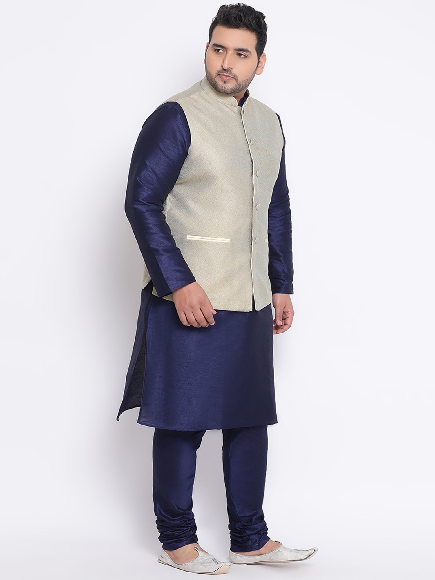 KISAH PLUS Beige & Navy Regular Fit Jacquard Kurta Set With Jacket