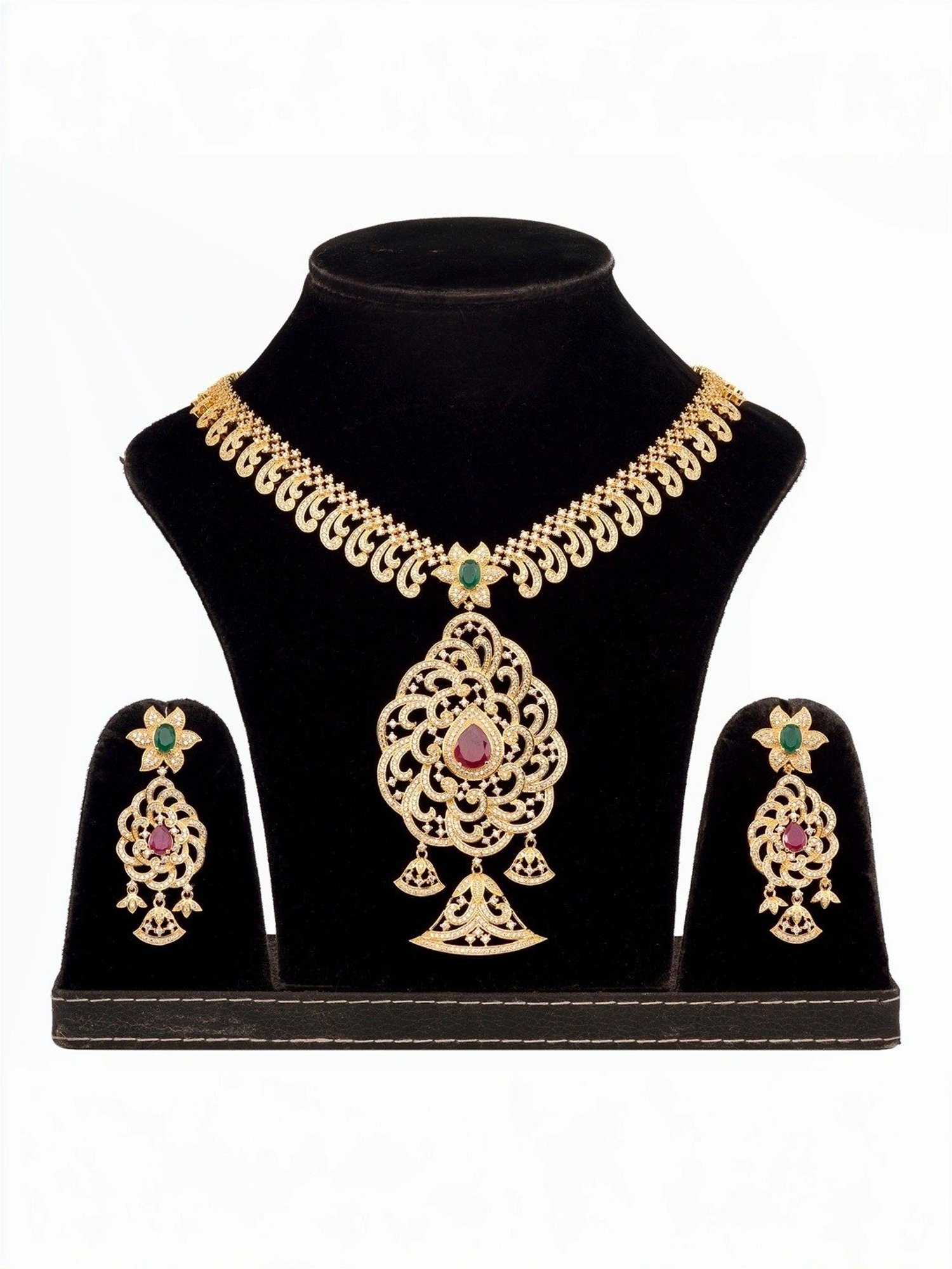 Saraf RS Jewellery Gold Plated MultiColour Stone Studded Pendant Style Neclace and Earring Set
