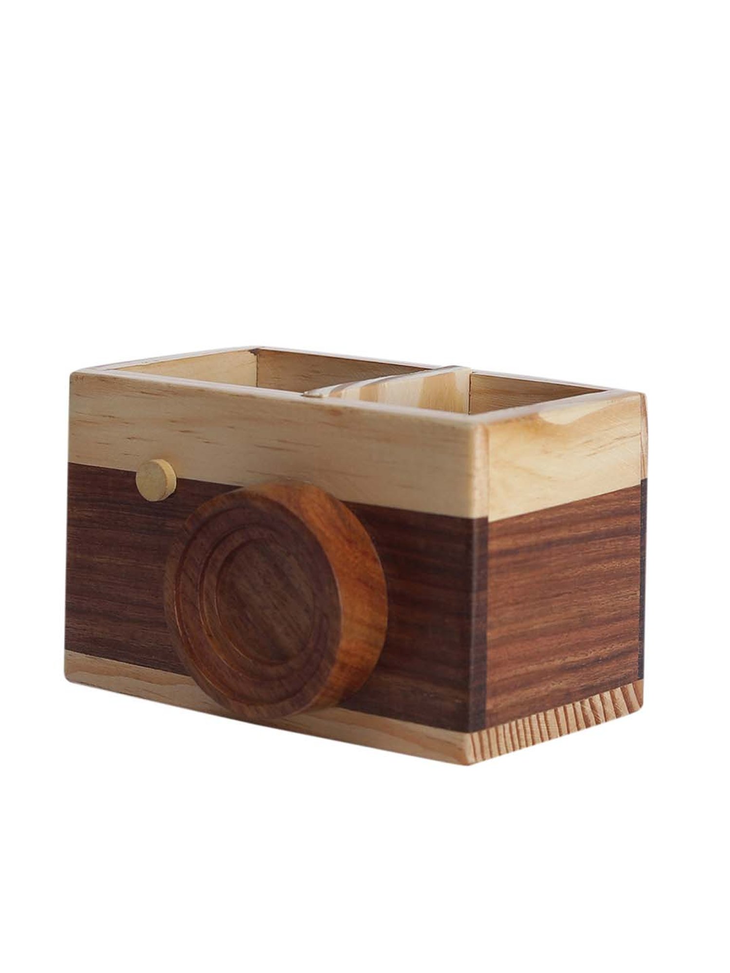 VarEesha Brown & Beige Sheesham Wood Camera-Shaped Penstand - Set of 1