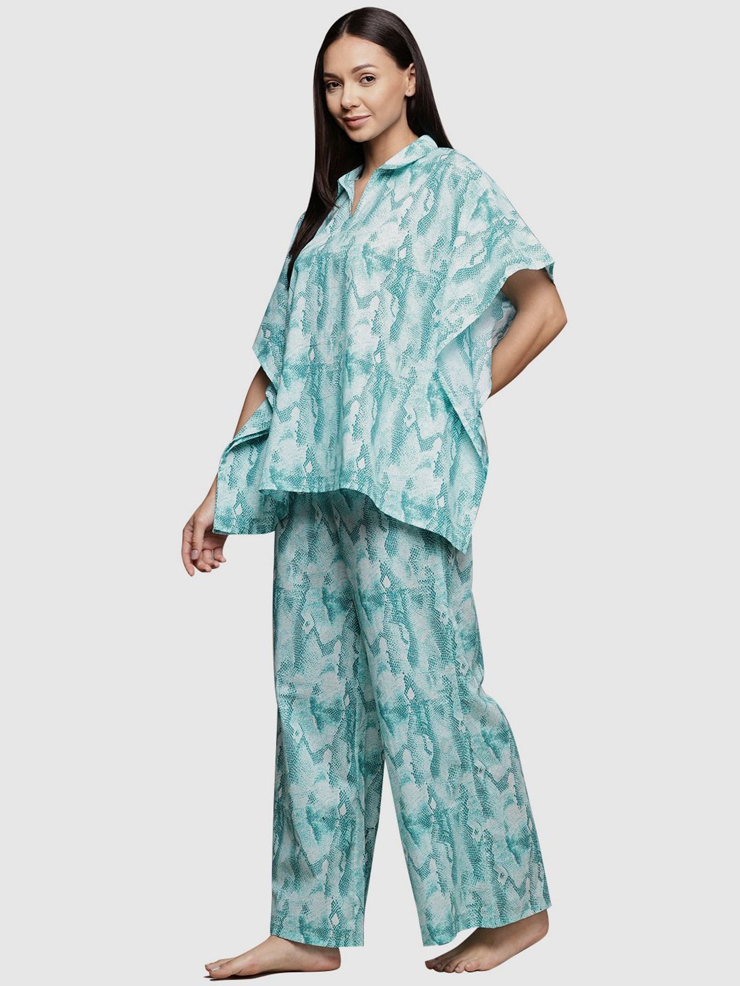 Ziyaa Blue Cotton Printed Kaftan Pyjama Set