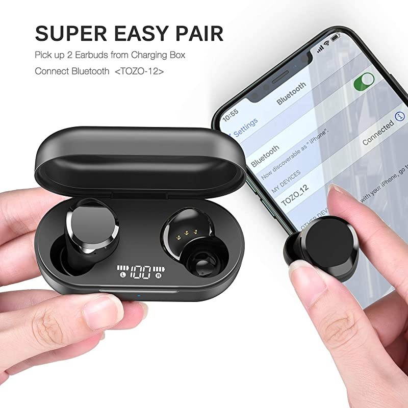 T12 Wireless Earbuds Bluetooth Headphones with Touch Control and Wireless Charging Case Digital Intelligence LED Display IPX8 Waterproof Earphones Builtin Mic Headset Deep Bass for Sport Black
