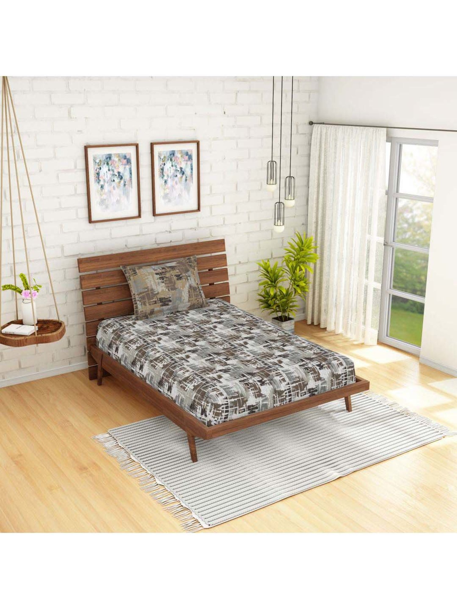 Spaces Atrium Grey Cotton 144 TC Bed Sheet Set