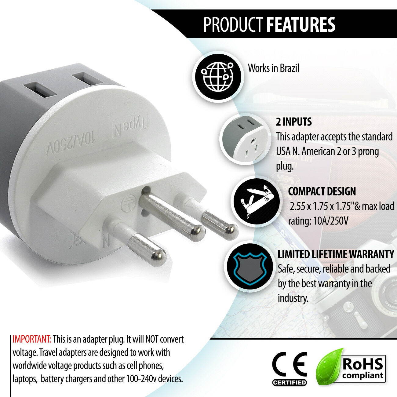 Brazil Travel Plug Adapter by OREI with 2 USA Inputs - Travel 3 Pack - Type N (US-11C) Safe Grounded Use with Cell Phones, Laptop, Camera Chargers, CPAP, and More