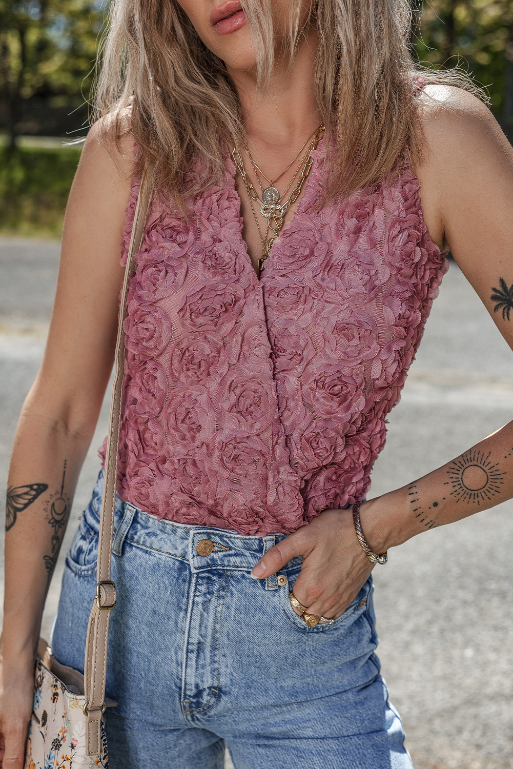 Rose Red Rhinestone Mesh Long Sleeve Bodysuit