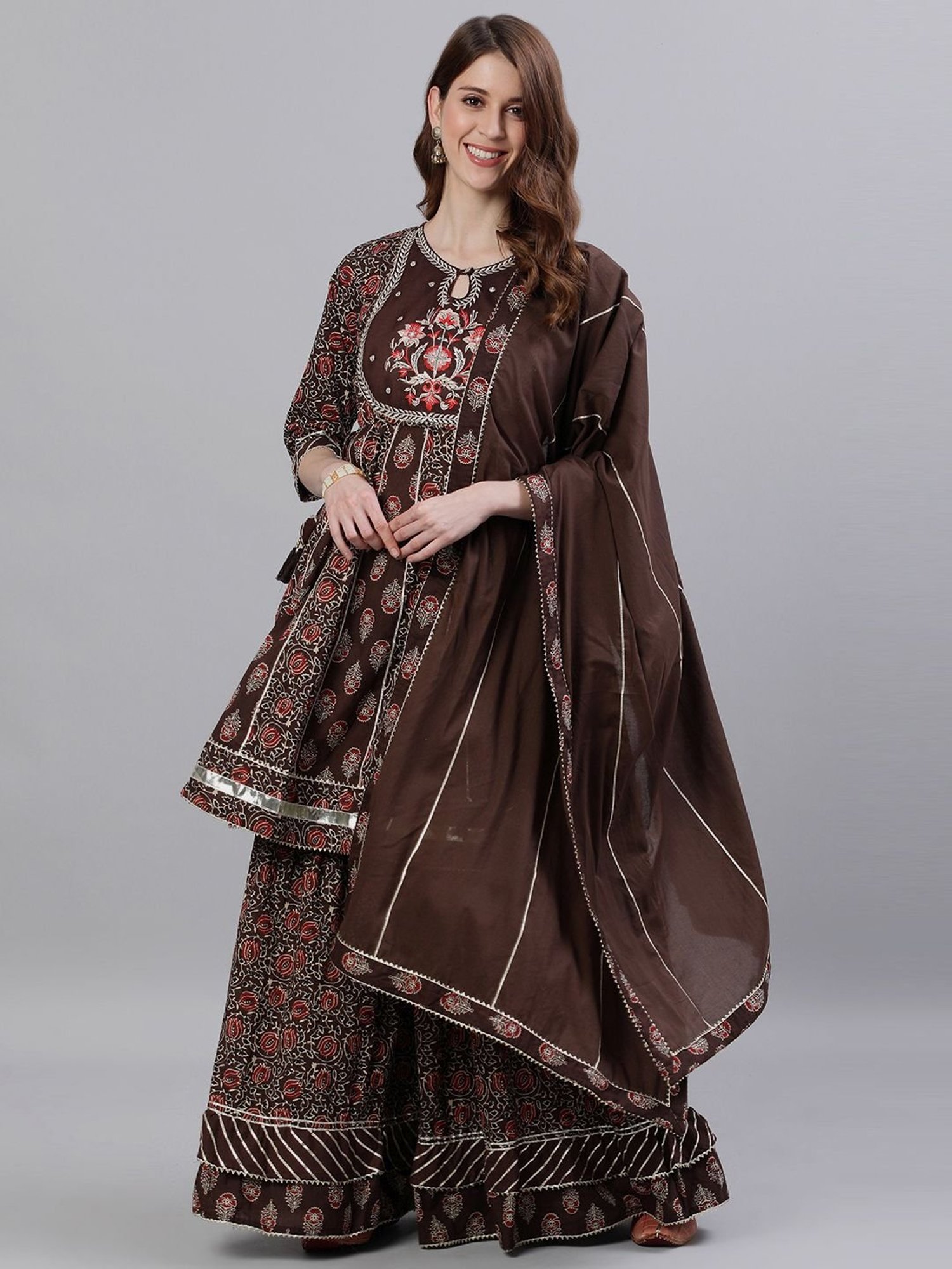 Ishin Brown Cotton Embroidered Kurta Sharara Set With Dupatta