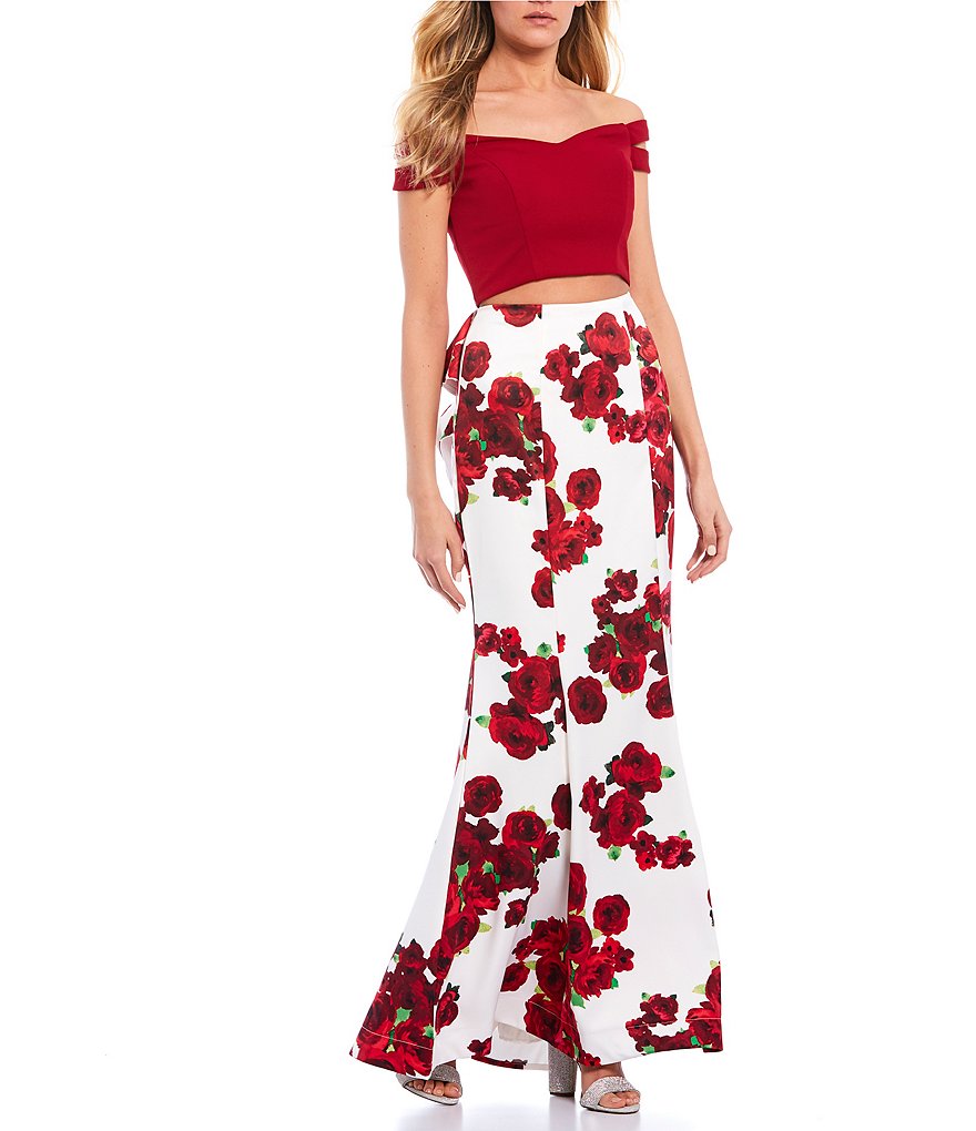 Teeze Me Off-the-Shoulder Cap-Sleeve Top with Floral Print Trumpet Skirt Two-Piece Dress