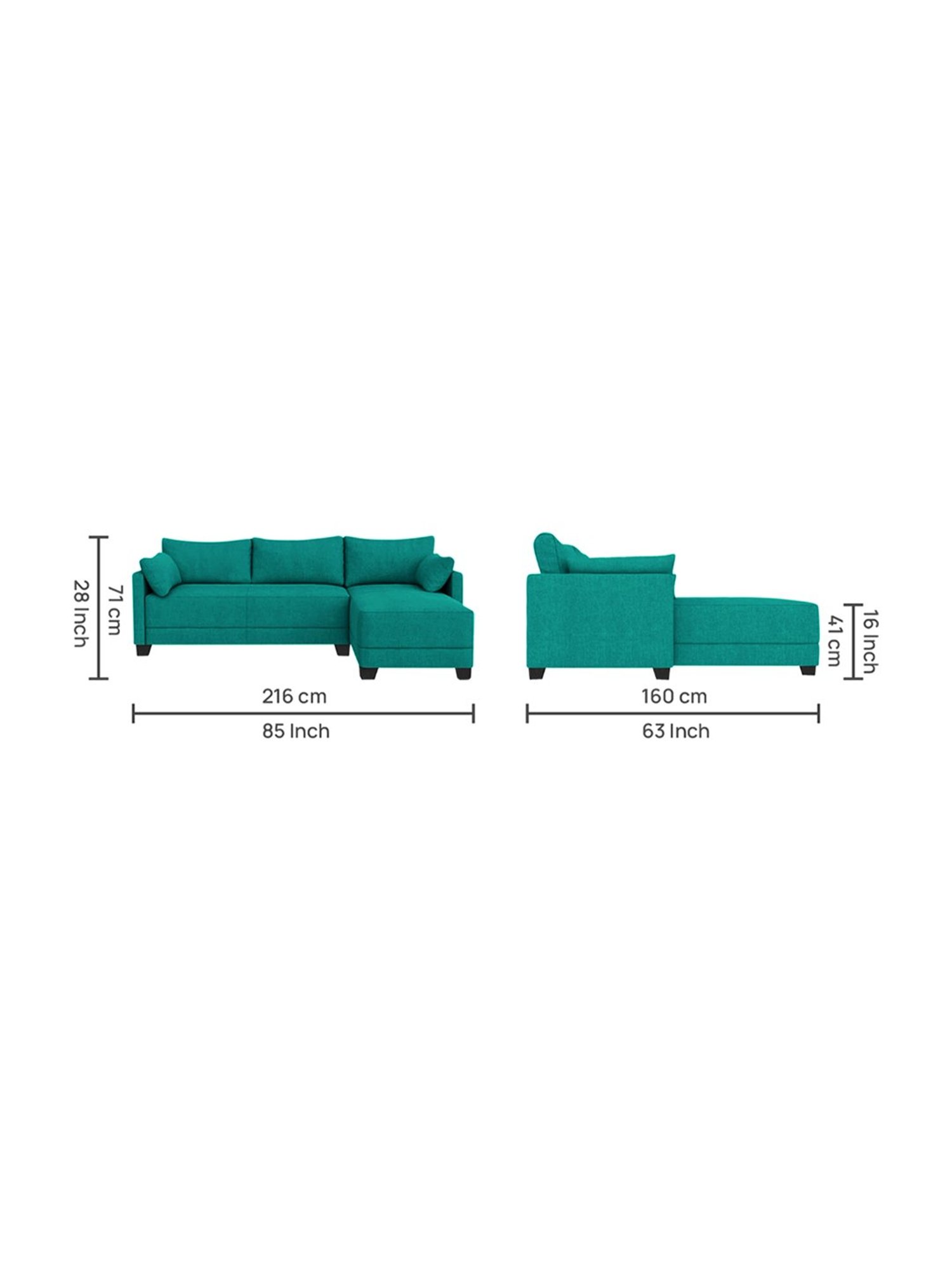 Trevi Duke Turquoise Green Fabric & Neem Wood 6 Seater RHS Sectional Sofa