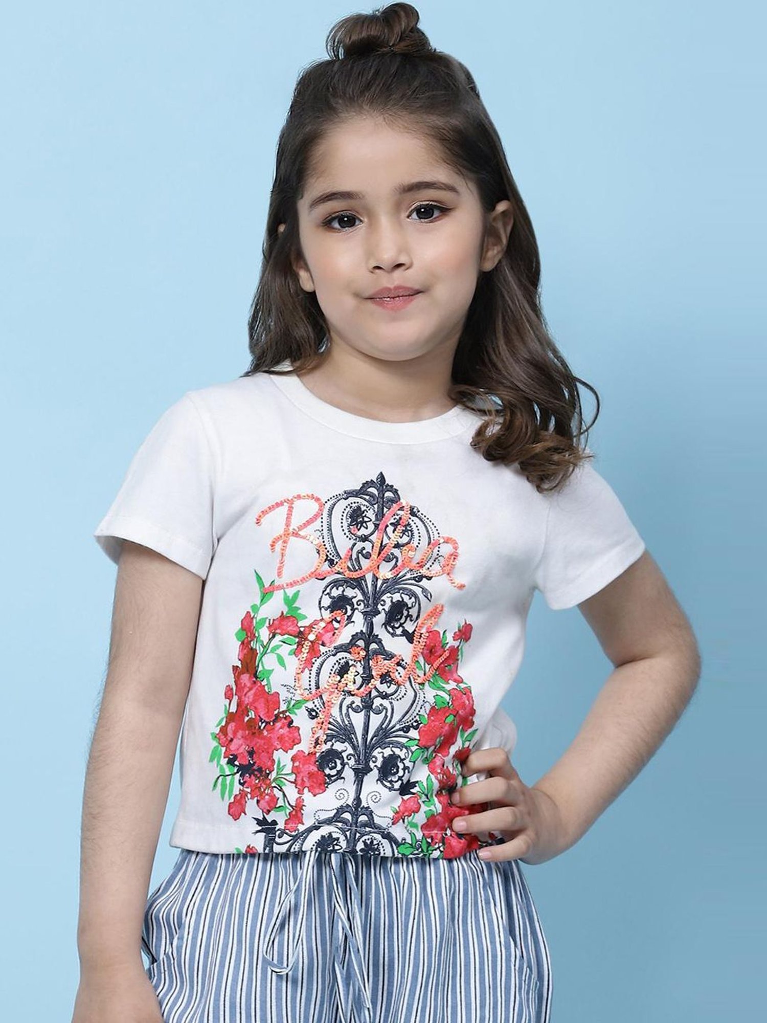 BIBA Girls White Cotton Printed T-Shirt