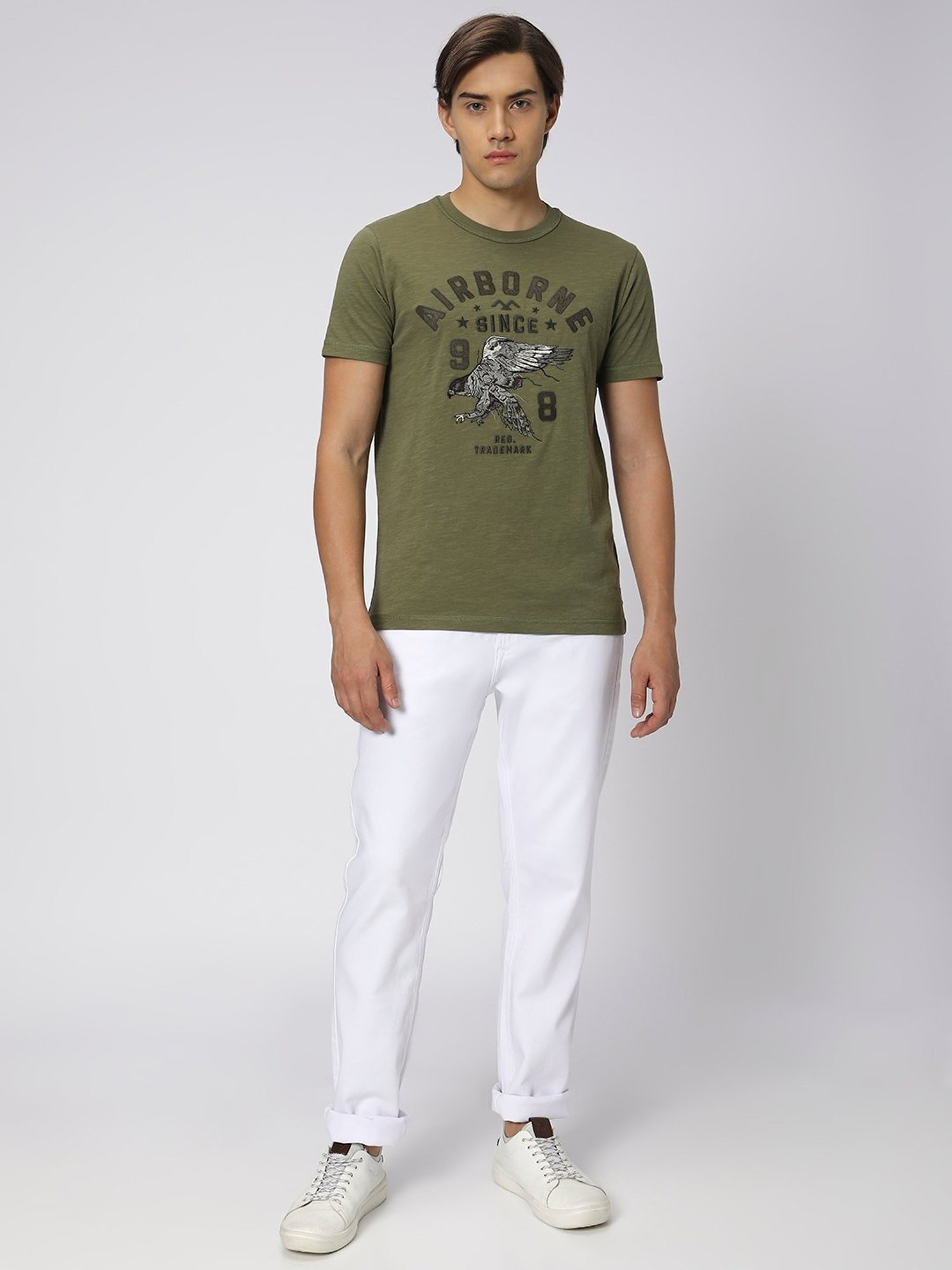 Mufti Olive Slim Fit Embroidered Cotton Crew T-Shirt