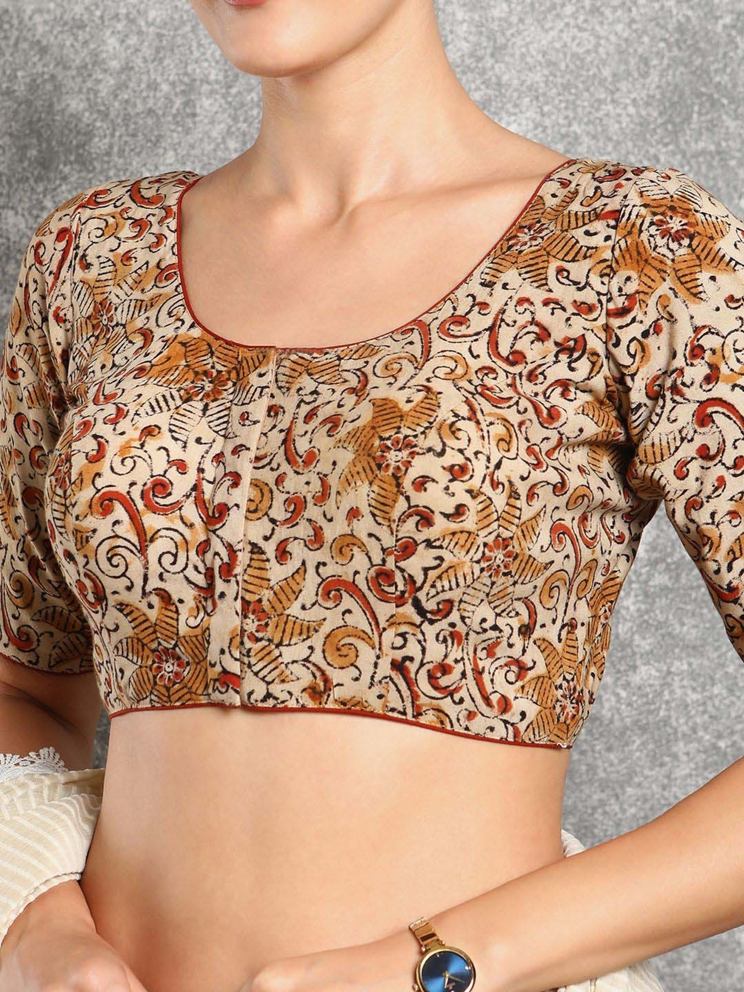 Salwar Studio Beige Cotton Printed Blouse