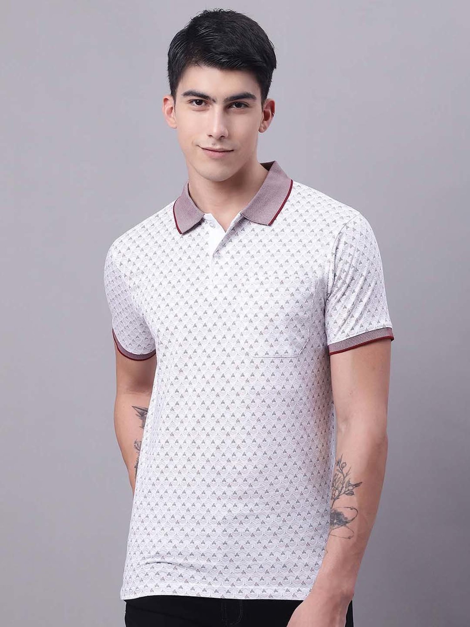 Venitian- Forbidden Clothing Wine & White Slim Fit Printed Polo T-Shirt