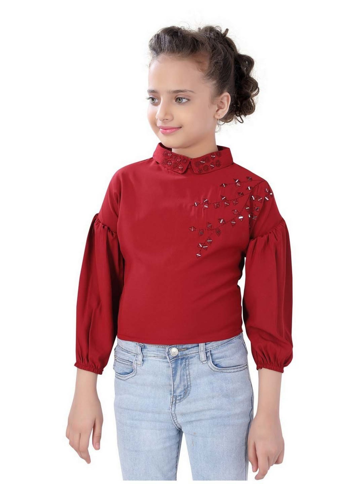 poplins Kids Maroon Cotton Embellished Full Sleeves Top