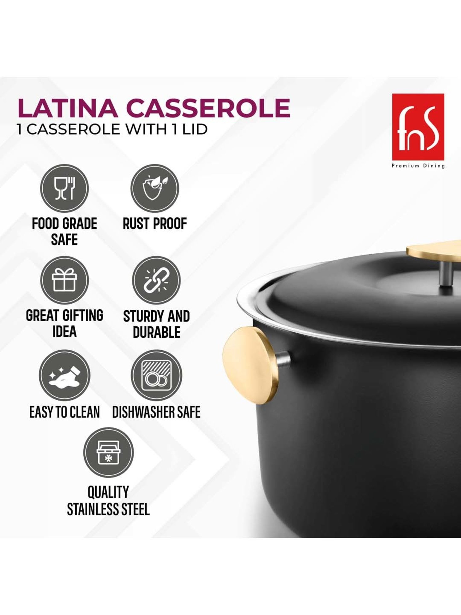 FnS Latina Black Stainless Steel Casserole With Lid (2.2 L)