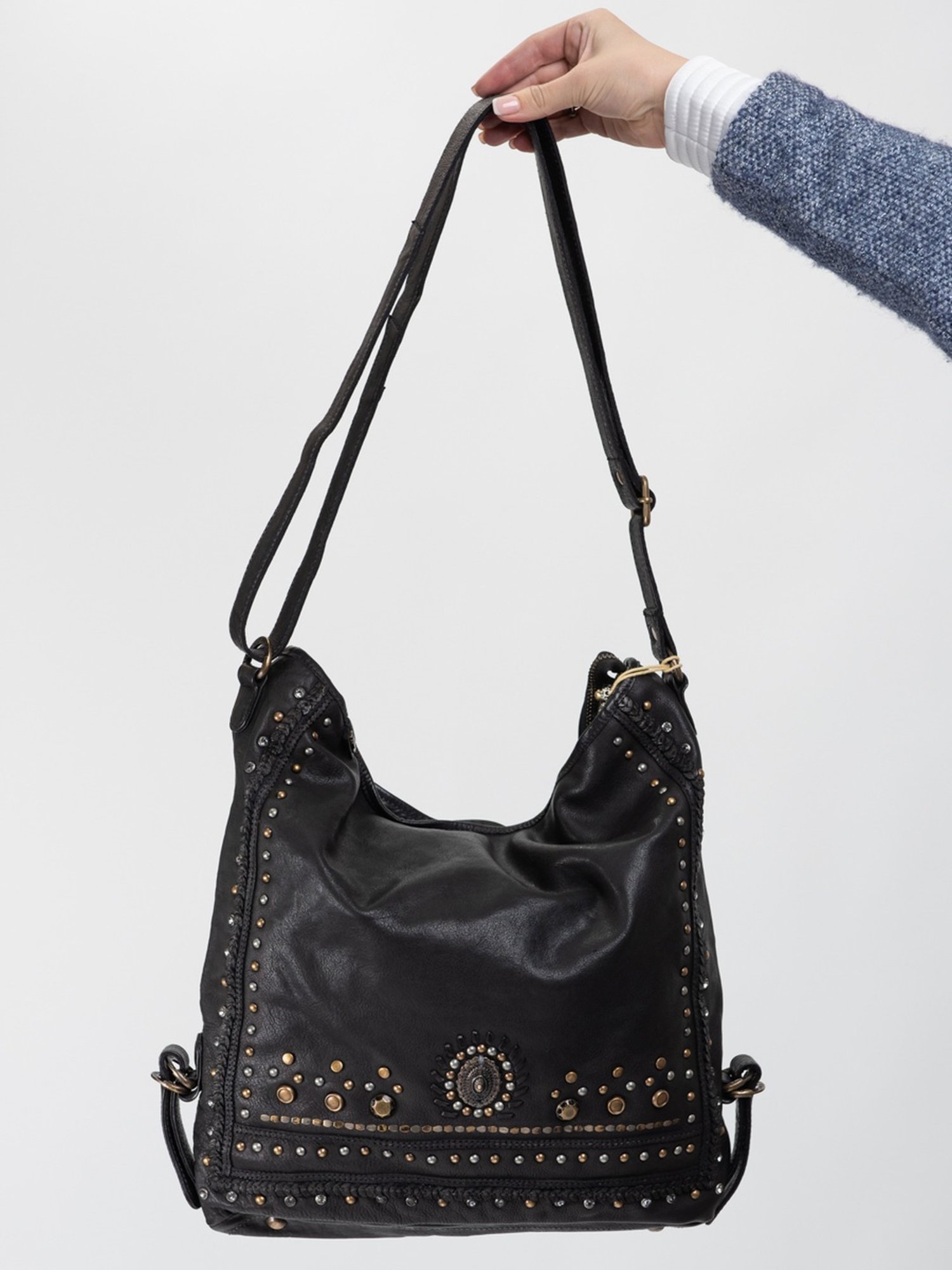 Art N Vintage Savio Black Leather Embellished Medium Sling Handbag