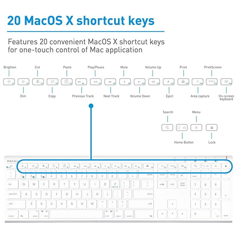 Wireless Bluetooth Keyboard for Mac or PC Multisync Connect up to 3 Devices Simultaneously Rechargeable Mac Wireless Keyboard with 110 Keys 20 Shortcuts and Numeric Keypad White