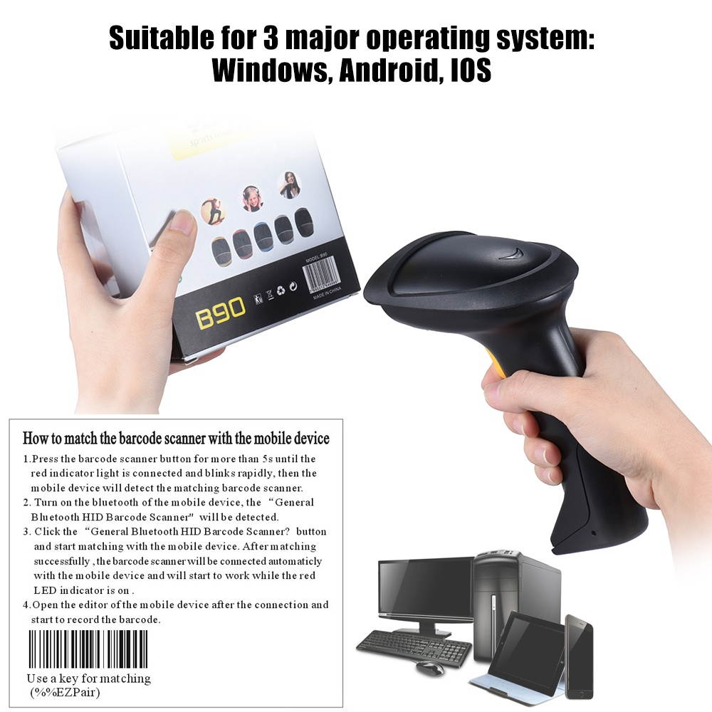 Automatic/ Manual Wireless Bluetooth Handheld 1D Barcode Scanner Reader Supports Reverse Type Bar Code Scanning for Android iOS Windows(XP/W7/W8) System for iPad iPhone Tablet Computer