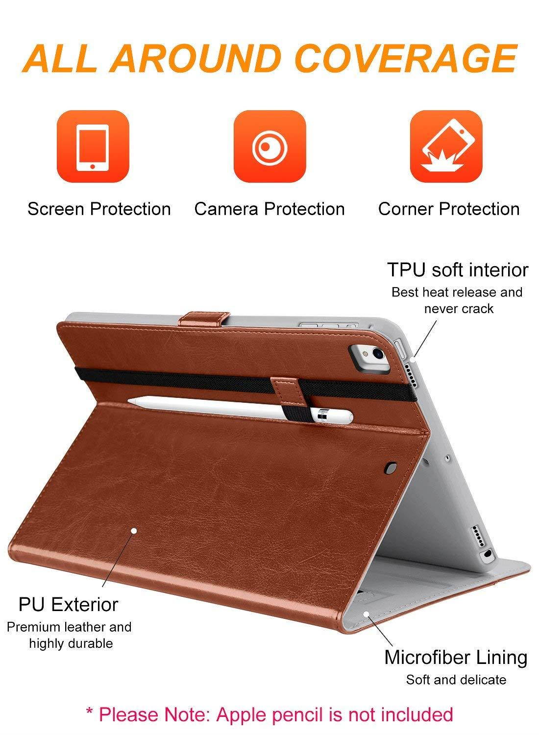 DTTO New iPad 9.7 Inch 5th/6th Generation 2018/2017 Case with Apple Pencil Holder, Premium Leather Folio Stand Cover Case for Apple iPad 9.7 inch, Also Fit iPad Pro 9.7/Air 2/Air - Brown(Grey Lining)
