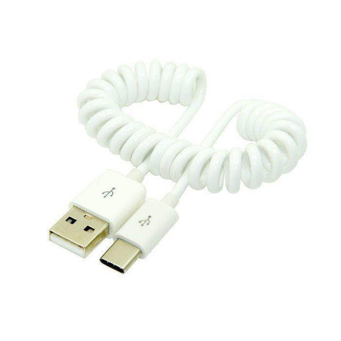 USB 2.0 Type-A Male to USB Type-C USB-C Male Stretch Spring Coiled Cord Data & Power Charge Cable for Phone Tablet White 1m