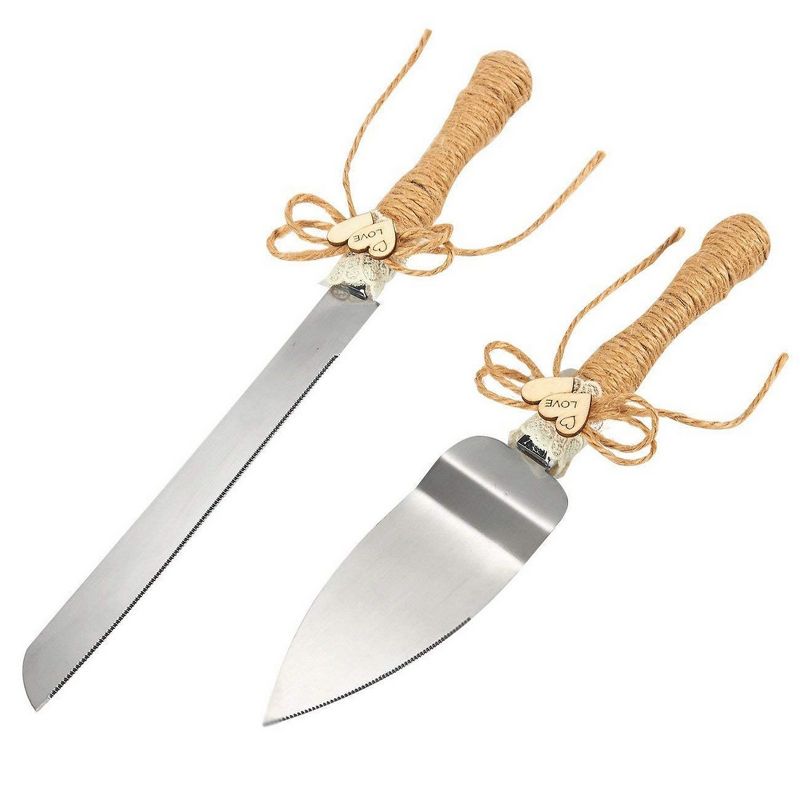 4-Piece Wedding Supplies Set: Cake Knife, Pie Server Set & 2 Toasting Champagne Glasses Flutes, Jute Decorated Handles for Rustic & Country Theme