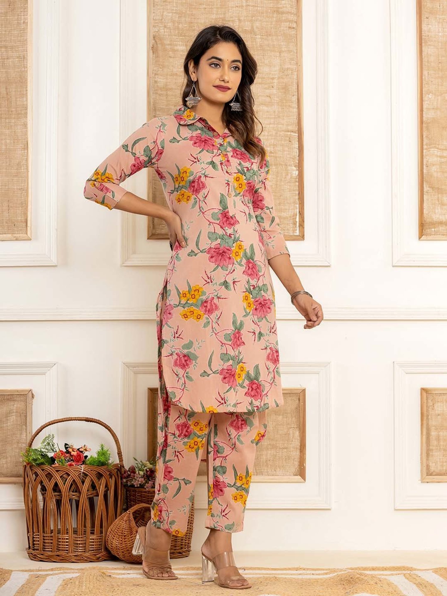 Yufta Pink Cotton Printed Kurta Pant Set