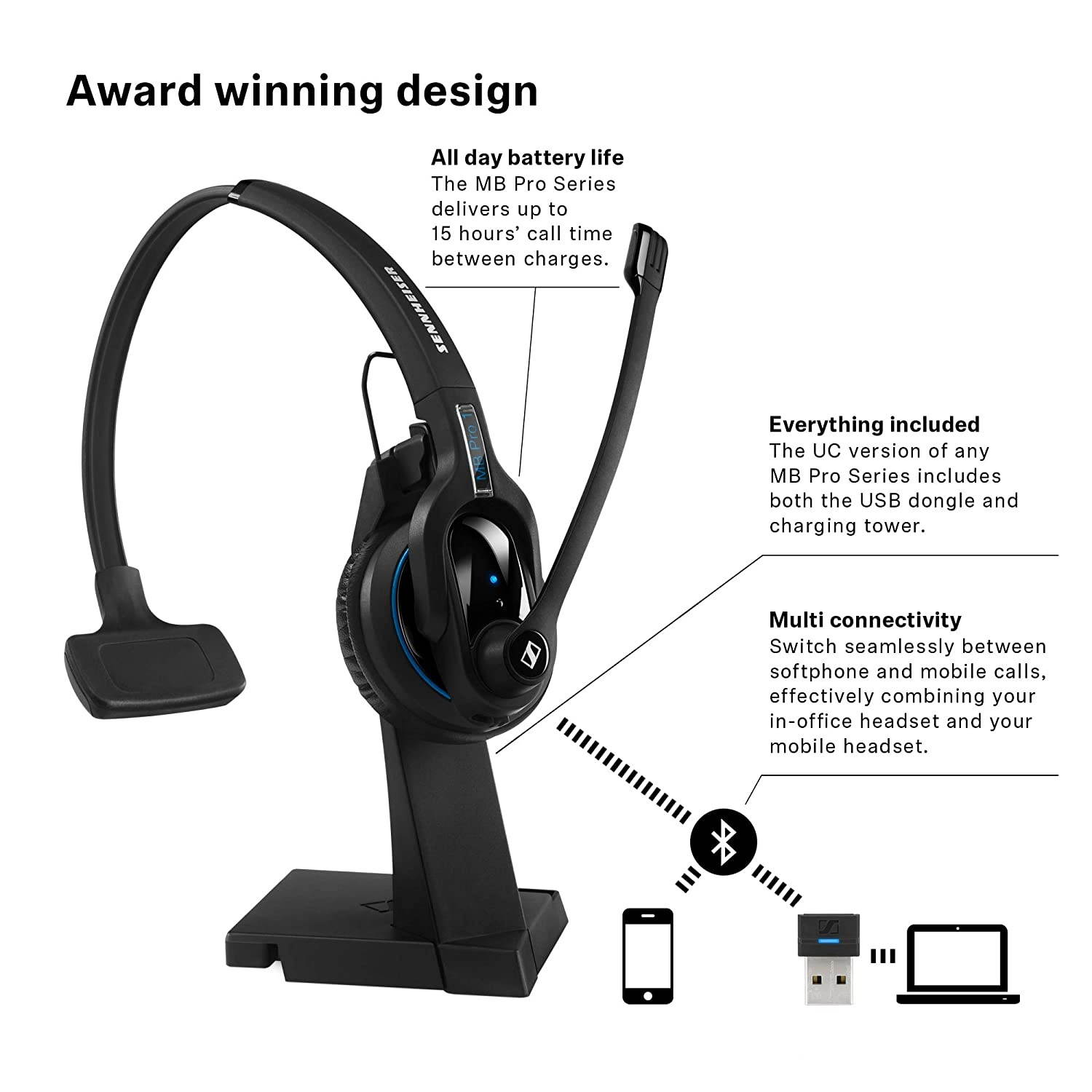Sennheiser MB Pro 1 UC ML (506043) - Single-Sided, Dual-Connectivity, Wireless Bluetooth Headset | For Desk/Mobile Phone & Softphone/PC Connection| w/ HD Sound & Skype for Business (Black)