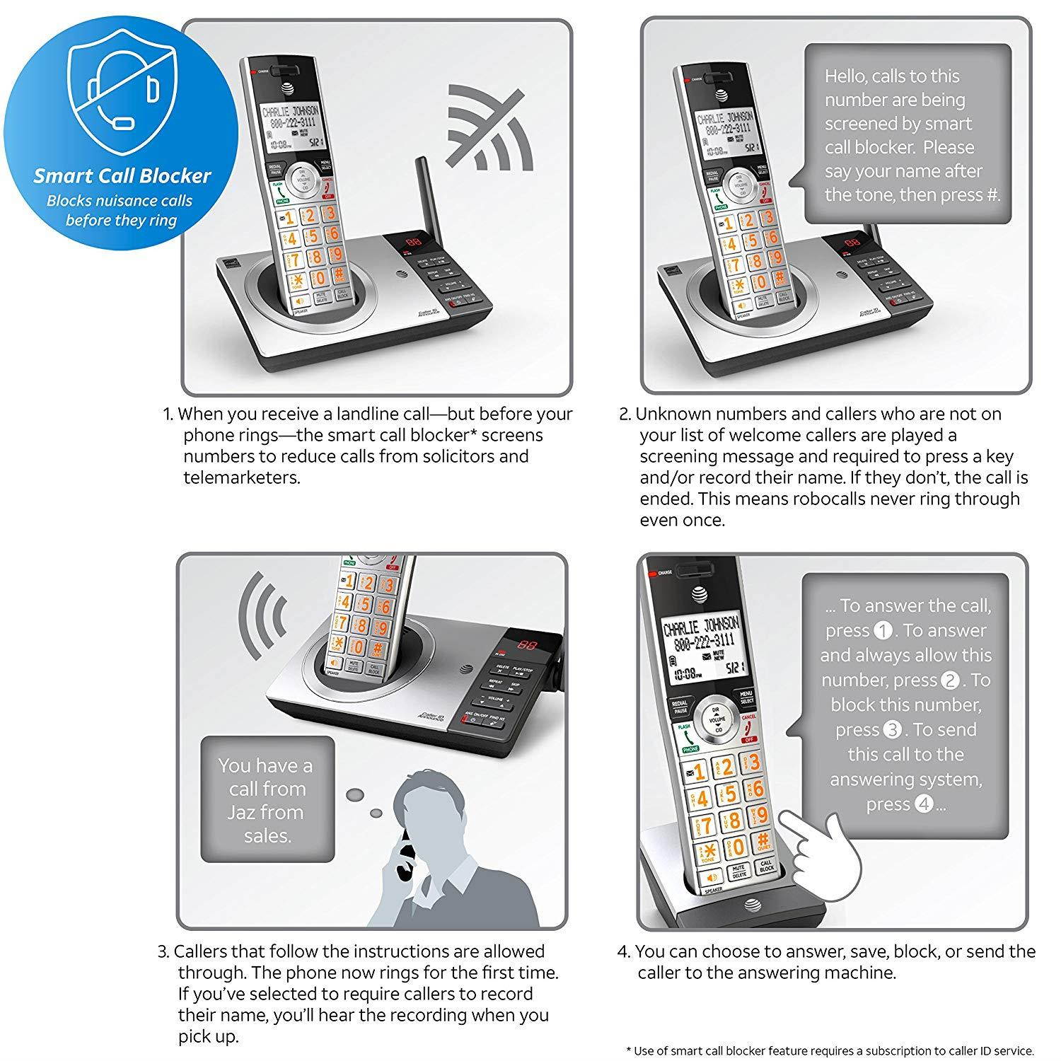 AT&T CL84107 DECT 6.0 Expandable Corded/Cordless Phone with Smart Call Blocker, Black/Silver with 2 Handsets