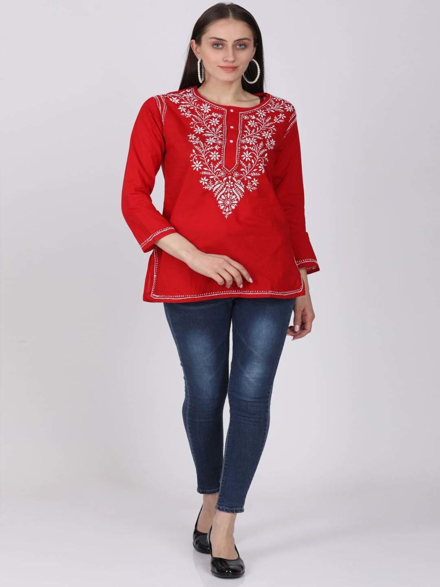 PARAMOUNT CHIKAN Red Cotton Chikankari Straight Kurti