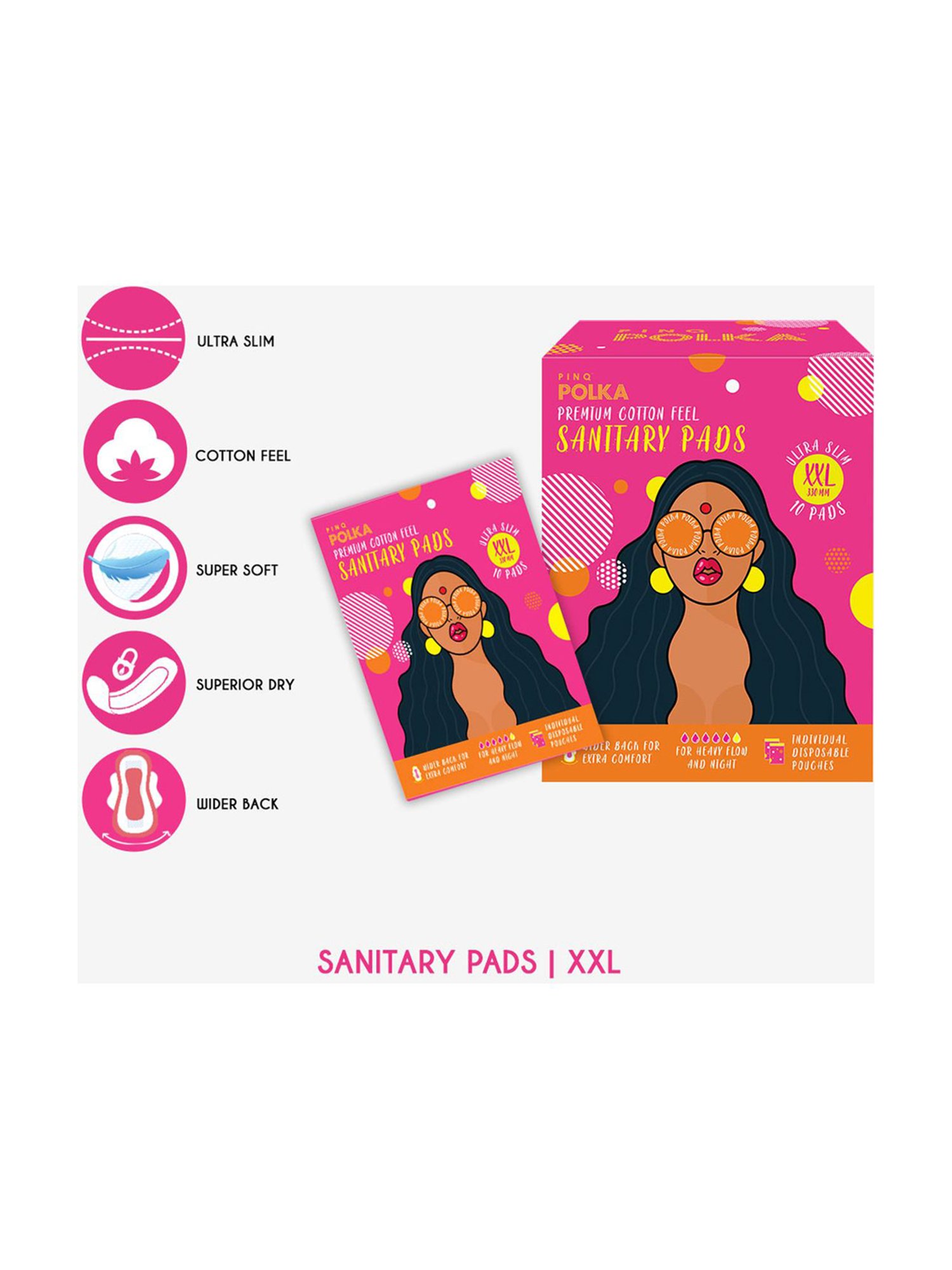 PINQ Polka Cotton Ultra Sanitary Pads,10 each (XXL+Regular) Individual Disposable Pouch, Pack of 20