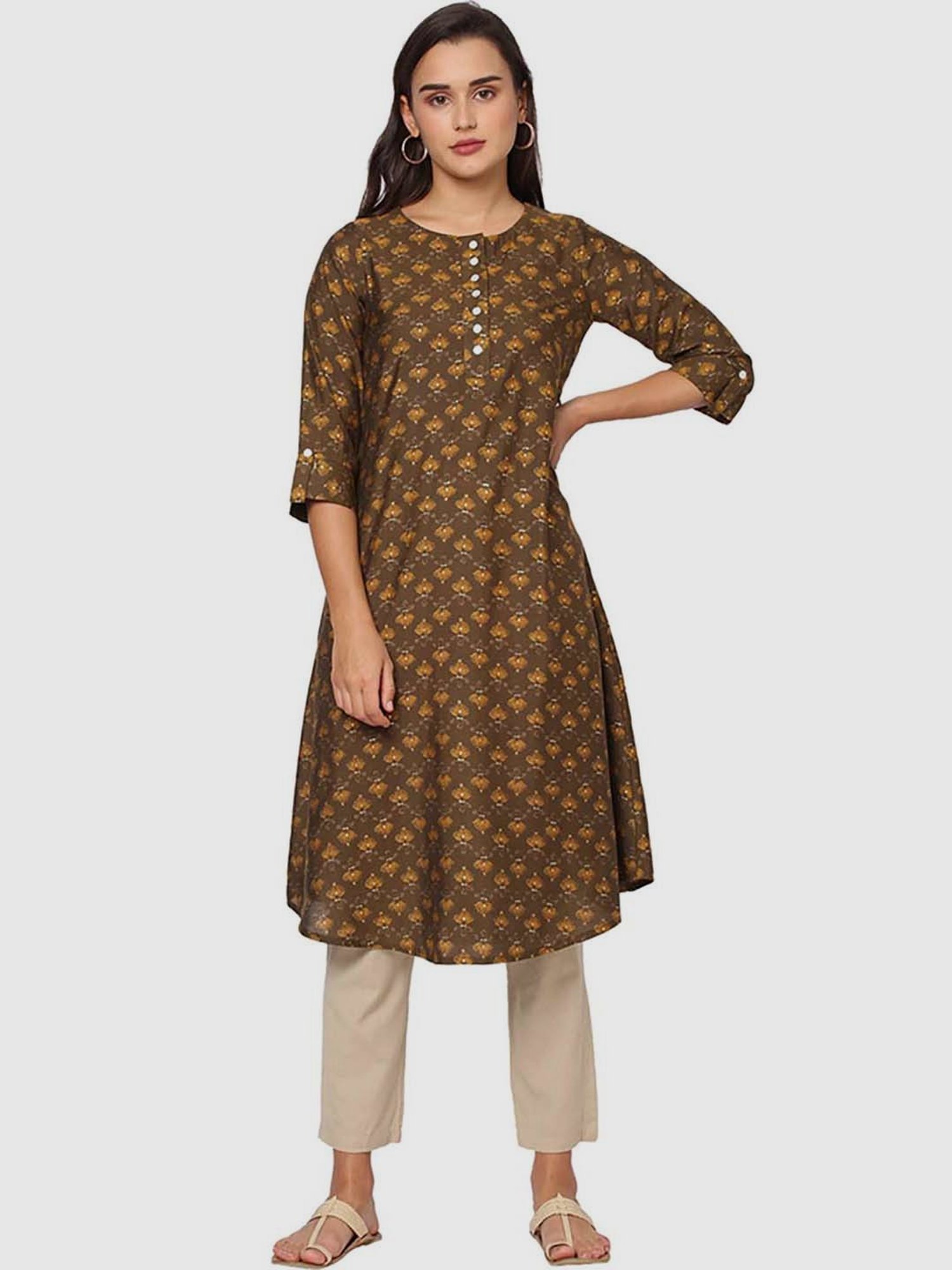 Fusion Beats Brown Printed A Line Kurta