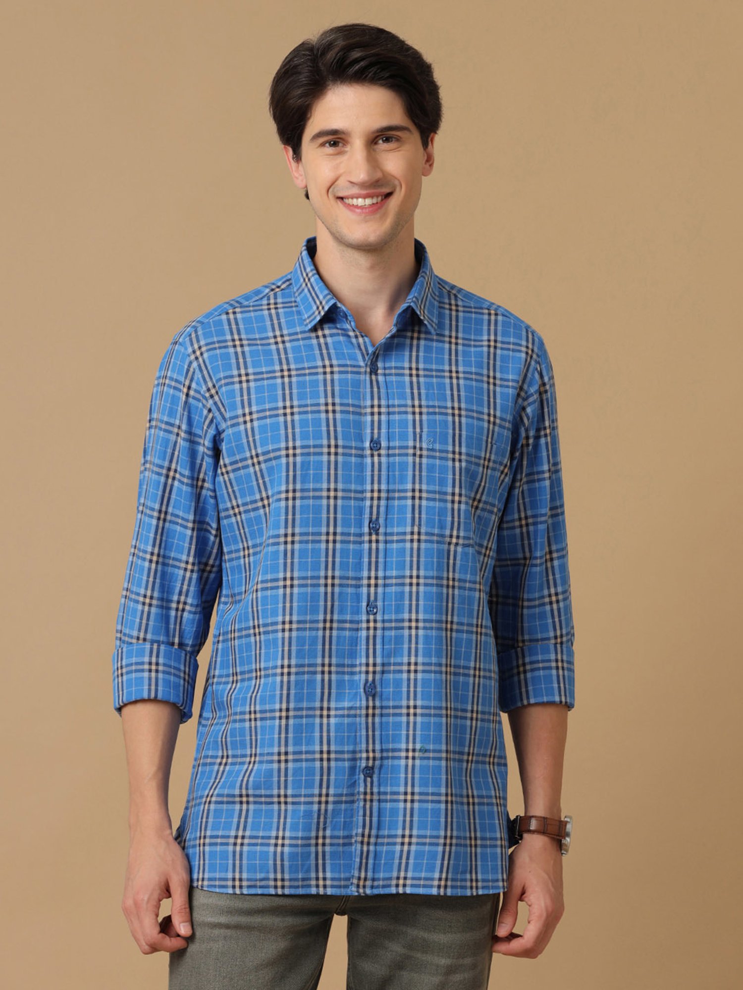 CAVALLO by Linen Club Blue Contemporary Fit Check Shirt