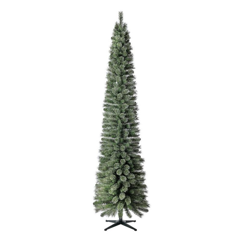 Home Heritage 9 Foot Pre-Lit Skinny Artificial Stanley Pencil Pine Christmas Tree with Clear White Lights, Foldable Stand and Easy Assembly