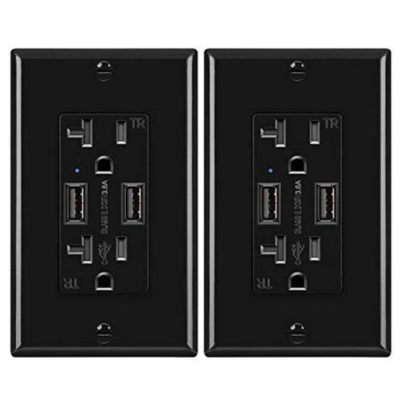 [2 Pack] BESTTEN USB Wall Receptacle with 20 Amp Tamper Resistant Outlet, 3.6A Dual USB Charging Ports for Smartphone, Tablet and Other USB Device, UL Listed, Black
