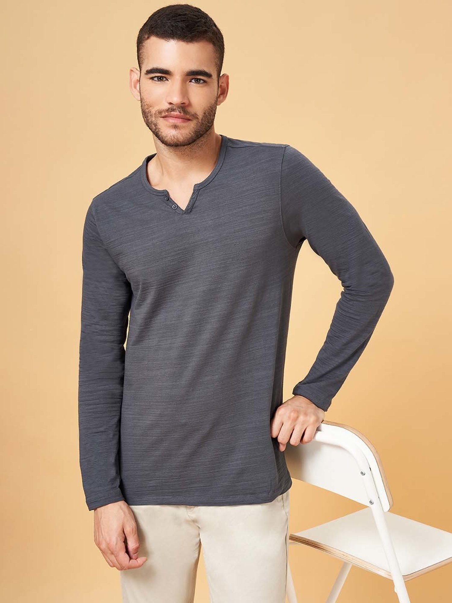 Urban Ranger by Pantaloons Dark Grey Slim Fit Henley T-Shirts