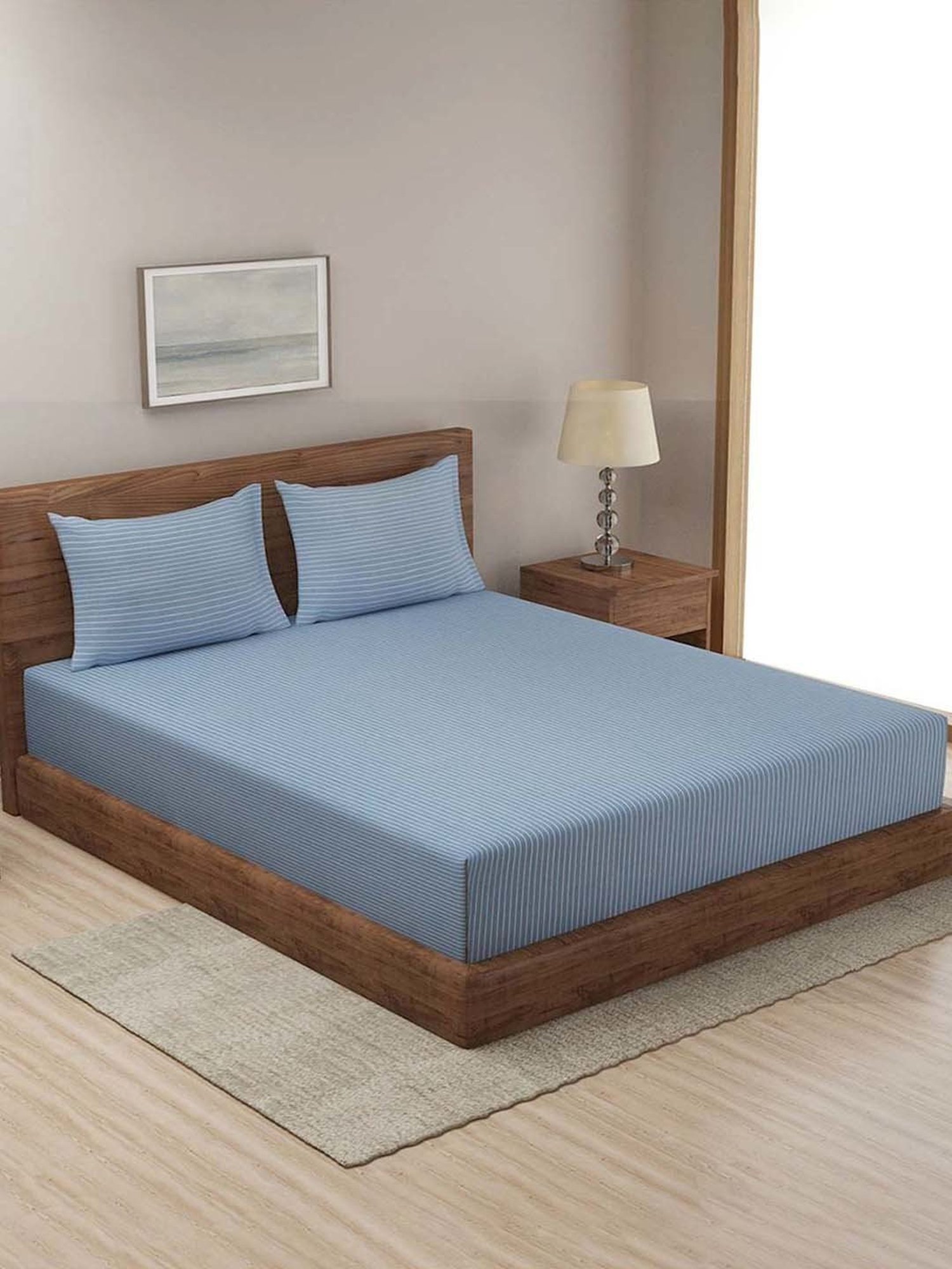 Fabindia Home Blue Cotton 92 TC Nile Double Bed Sheet with 2 Pillow Covers