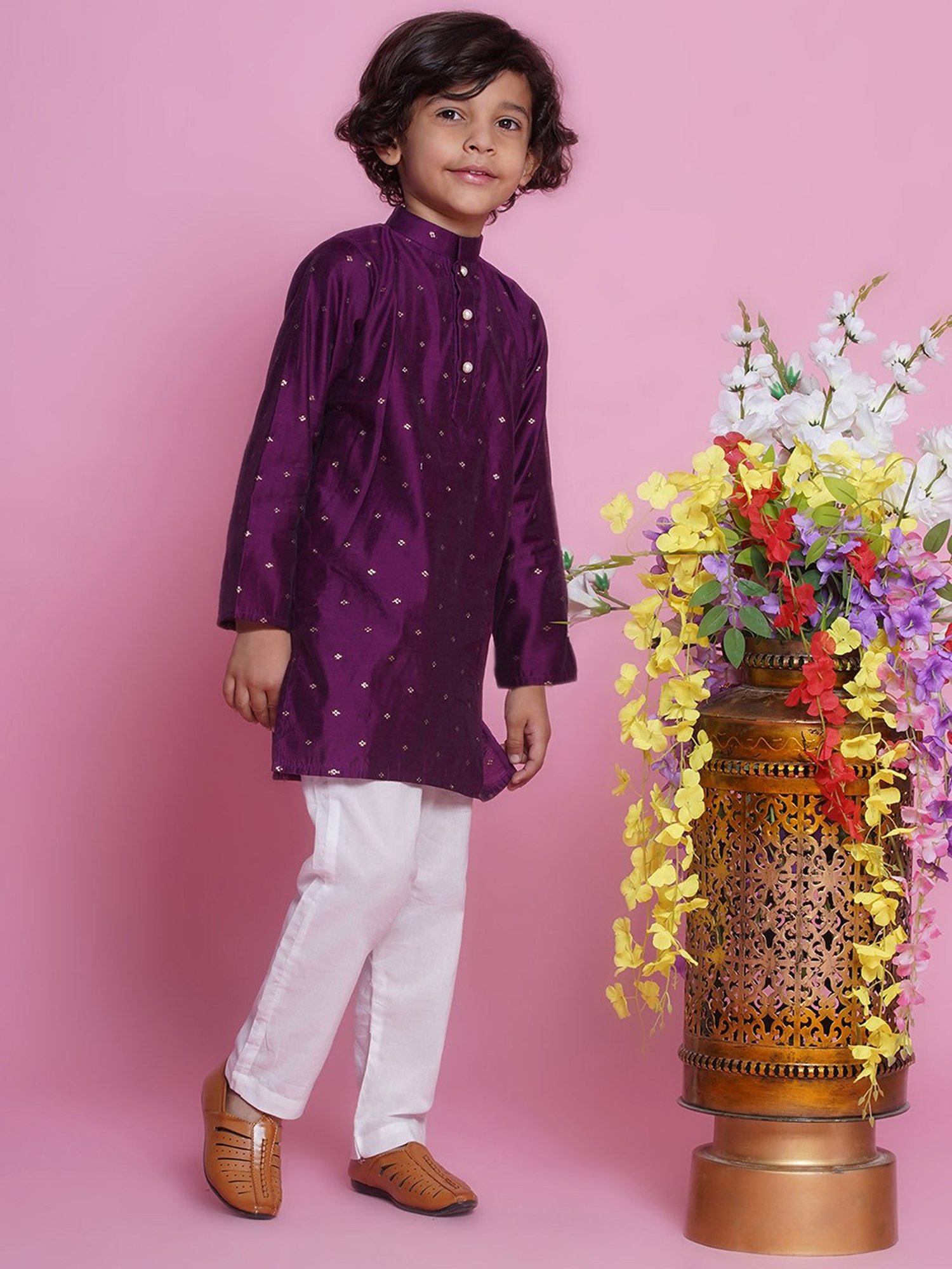 Little Bansi Boys Purple & White Self Design Full Sleeves Kurta with Pyjamas
