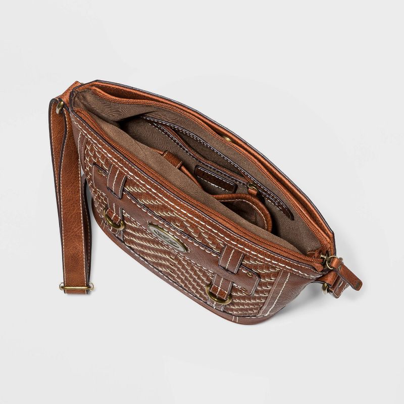 Bolo Zip Closure Zigzag Woven Crossbody Bag - Brown