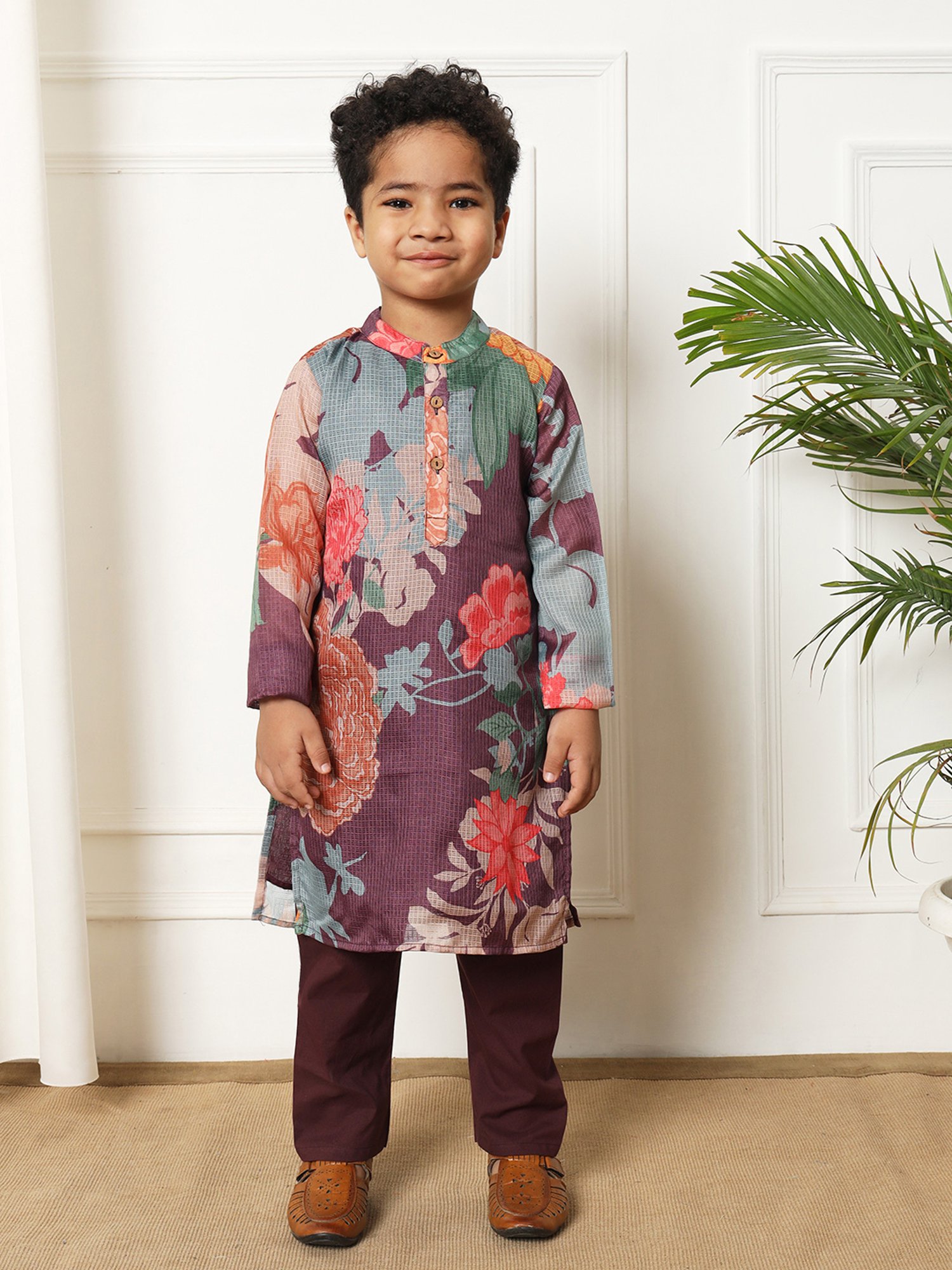 READIPRINT FASHIONS Kids Violet & Blue Floral Print Full Sleeves Kurta with Pyjamas